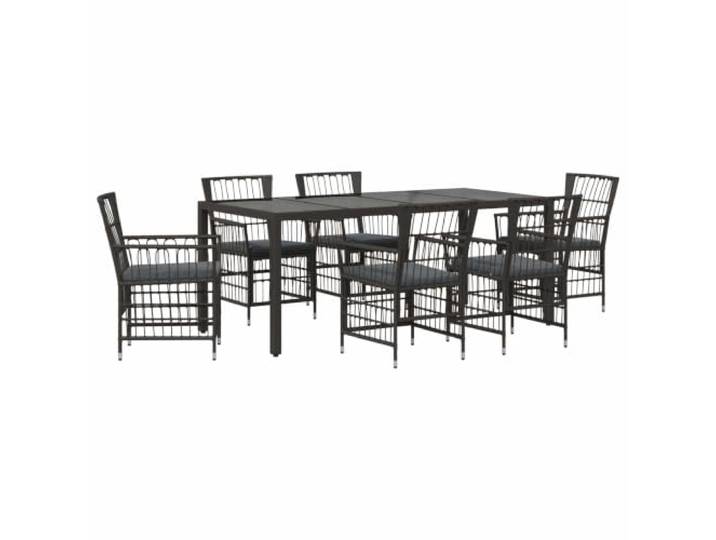 KTHLBRH 7-teiliges Outdoor-Lunch-Set aus Polyrattan, Schwarz Tischplatte aus gehärtetem Glas, pulverbeschichteter Stahl, 6-Sitzer, Kissen mit abnehmbaren Bezügen