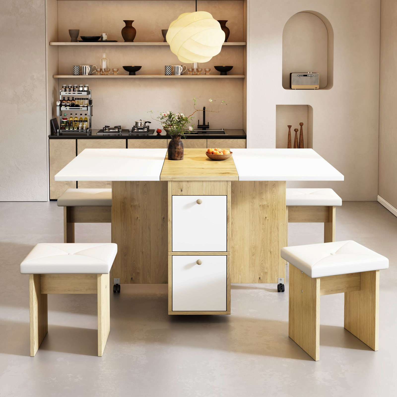 MODFU Eetkamer set met uitschuifbare eettafel en 4 stoelen, wit en eikenhout