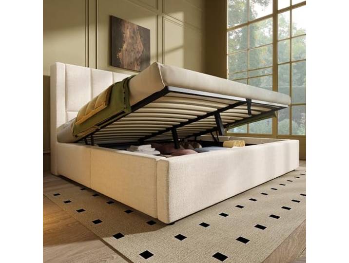 Polsterbett 180x200 cm mit Hydraulik-Stauraum und Becherhalter Beige Polsterbett für Paare mit klappbarem Kopfteilfach, Lattenrost und platzsparendem Stauraum unter der Liegefläche