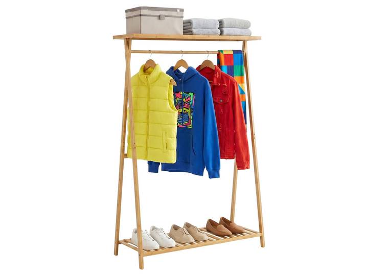 Relaxdays Kleiderständer Natur Bambus 2 Ablagen, Hellbraun, Holz, 100x160x35 cm, Garderobe, Garderobenständer