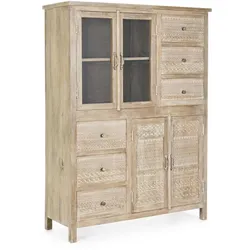 Highboard Mayra aus Mangoholz, klassisch handgefertigt, Natur, 110 cm Breite, Türen mit Magnetverschluss