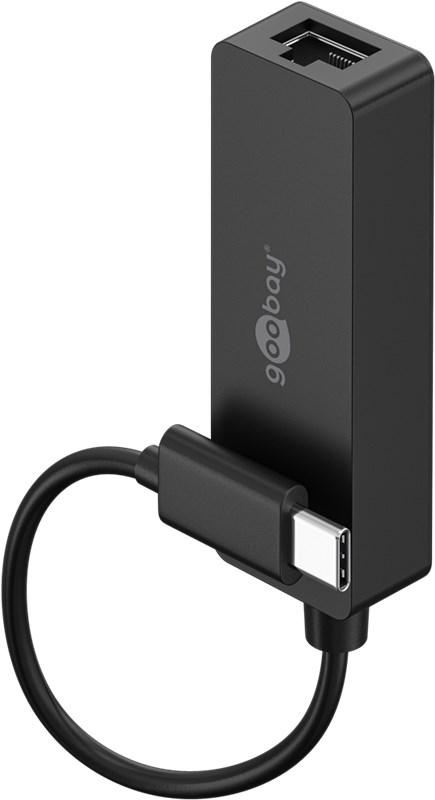40x Goobay 76579 USB-C-Ethernet-Adapter, schwarz, 0,1 m - zum Anschluss eines PCs oder eines Apple MacBooks an ein Ethernet-Netzwerk (RJ45) über den USB-C-Anschluss