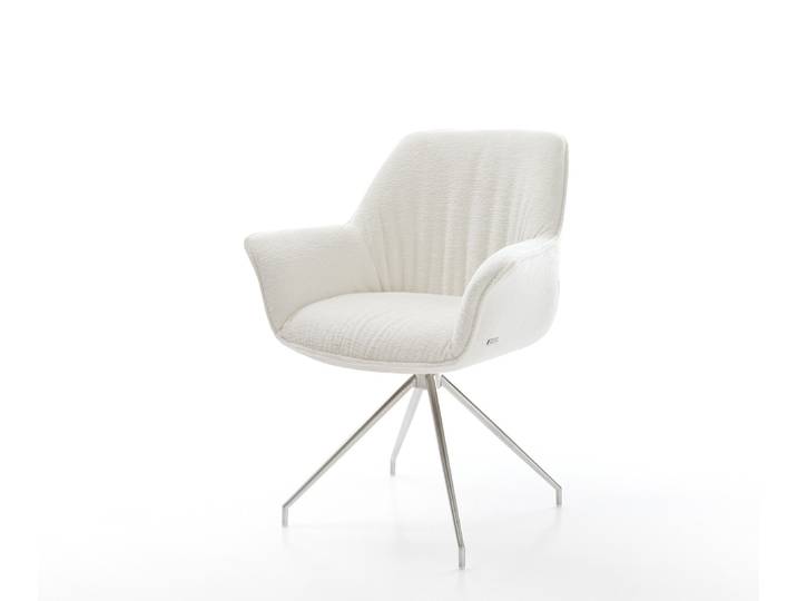 DELIFE Esszimmerstuhl Keila-Flex mit Armlehnen Bouclé Soft Beige Kreuzgestell konisch Edelstahl, Esszimmerstühle