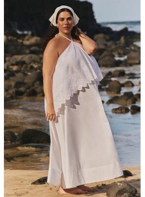 Plus Size Women's Embroidered Eyelet Halter Maxi Dress by ELOQUII in Pristine White (Size 18)