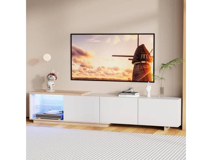Meuble TV LED 240 cm Armoire e TéLéVision Banc TV Meuble TéLé de Salon Banc TV Moderne en Bois avec 3 Tiroirs Meuble Salon Blanc