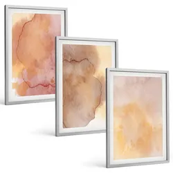 BILDER SET 3er Set - 40x60 cm Silberner Rahmen - Warme, farbenfrohe Aquarelltexturen