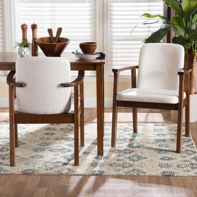 Miyagi Boucle Upholstered Dining Chair Set of 2- Mid-Century Modern Armchair with Solid Wood Frame a by Baxton Studio in White (Size OS)