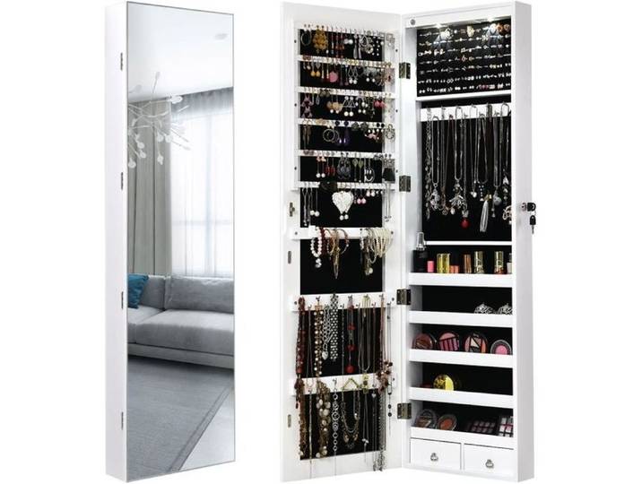DREAMADE Armoire à bijoux armoire à bijoux murale en MDF avec miroir long un porte-écharpe 36 crochets 2 tiroirs 2 lumières LED