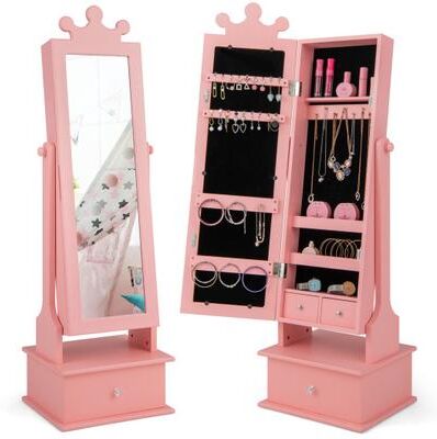 Costway 2-in-1 Kids Play Jewelry Armoire with Full Length Mirror and Drawers-Pink
