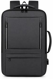 LightInthebox Expandable Laptop Backpack for Men, Large Capacity Waterproof Polyester Travel Backpack, Fits 15.6 Inch Laptop, USB Charging Port, Carry On Business School Backpack, Black Gray