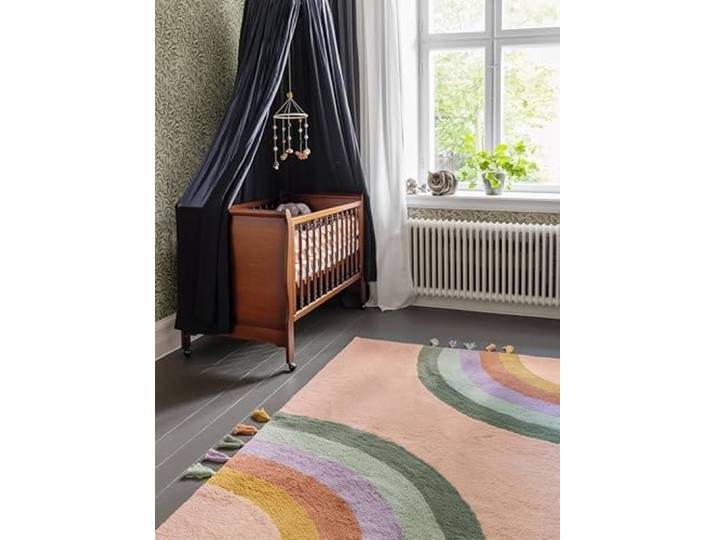 RugVista Rainbow Kinderteppich, 140 x 200 cm, Rosa/Multi Moderne, Kinder, Rechteckig, Niedriger Stapel, Maschinenwäsche, Oeko-Tex 100, Ohne gefährliche Chemikalien, Kinderzimmer