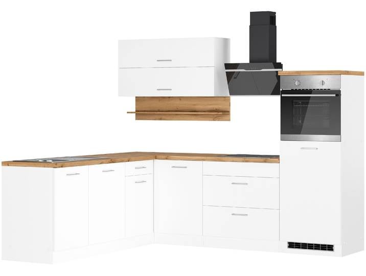 Winkelküche, Weiß & Wotaneiche, 250x200x60 cm, Spanplatte & Metall, Viel Stauraum & E-Geräte, Modern
