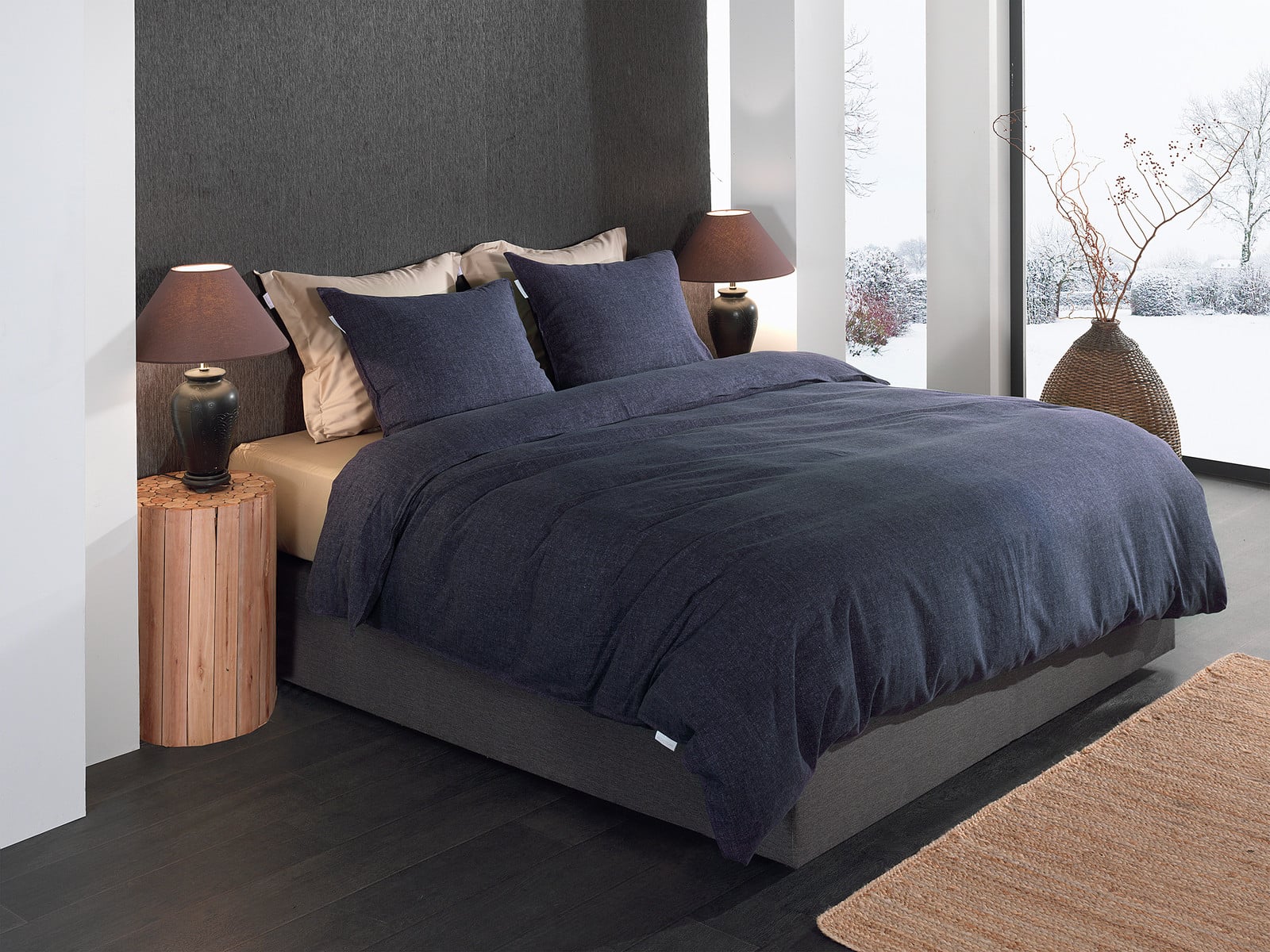 home24 Flanellen beddengoed set blauw/donkerblauw met dekbedovertrek en kussensloop