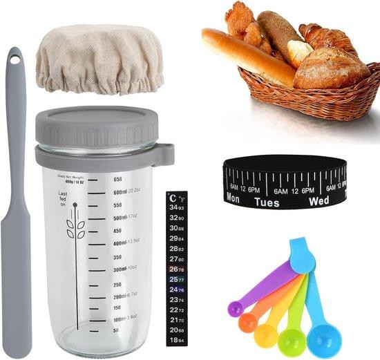 Famanu Zuurdesem Starterset met glazen container, kom, temperatuurstrips, siliconen schraper en doek, 650 ml