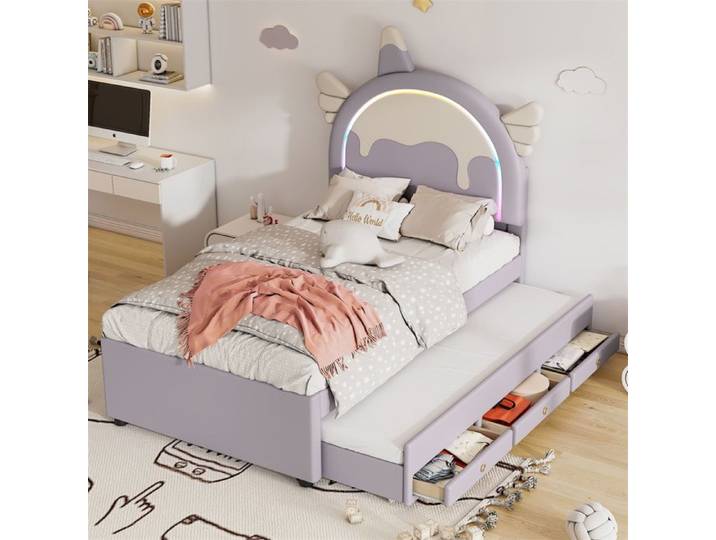 DRIPEX Lit Enfant LED 90×200cm en forme de licorne avec lit gigogne 90×190cm et 3 tiroirs cadre de lit en PU Violet