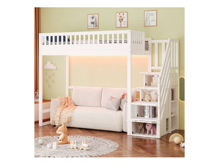 OKWISH Hochbett Jugendbett Stauraumbett (mit LED-Lichtleiste, massiver Kiefernholzrahmen, Sicherheitsgeländer und austauschbaren Sicherheitsleitern, 90x200 cm) Inklusive Matratze