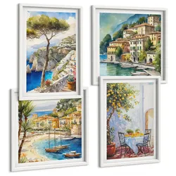 BILDER SET 4er Set - 50x50 cm & 40x60 cm Weißer Rahmen - Italienische Städte (Aquarell)