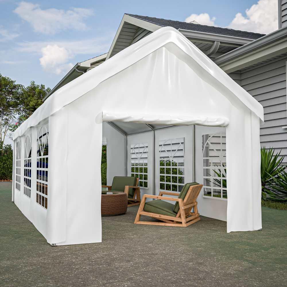 AIORBER Auto Zeltgarage 3x6 m Carport Garagenzelt wetterfest mit doppelten Rolltoren abnehmbarem Dach Seitenplanen Lüftungsfenstern Weiß
