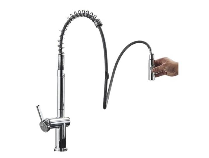 Küchenarmaturen, Bürsten-Messingarmaturen for Küchenspüle, Einhebelmischer mit herausziehbarem Federauslauf, Wasserhahn for heißes und kaltes Wasser Kommerziell(Chrome)