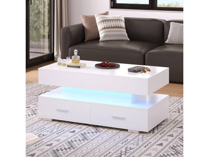 Merax LED Couchtisch höhenverstellbar Moderne Wohnzimmertisch Hebbarer Couchtisch Funktionaler mit Stauraum,Bluetooth-APP-Steuerung Steuerung 100x50x44cm Weiß