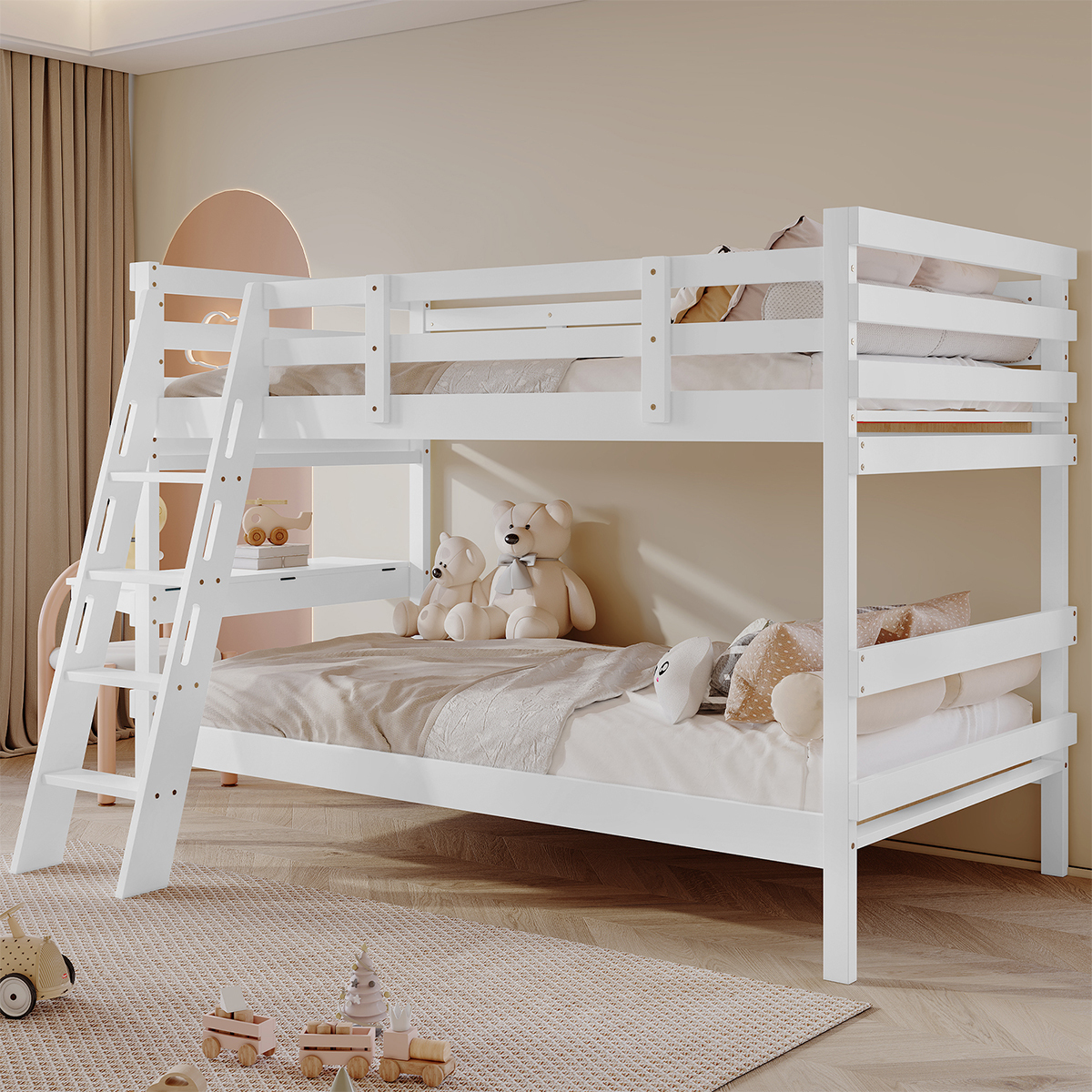 Etagenbett mit Schreibtisch und Vierstufiger Leiter Design des Sicherheitszauns Doppelbett Kinderbett Hausbett Jugendbett 90x200cm Weiß