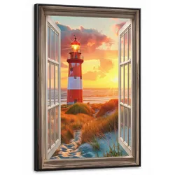 LEINWAND Bilder mit Rahmen - Aussicht - Fenster - Leuchtturm - Sonnenuntergang - Strand - 80x120