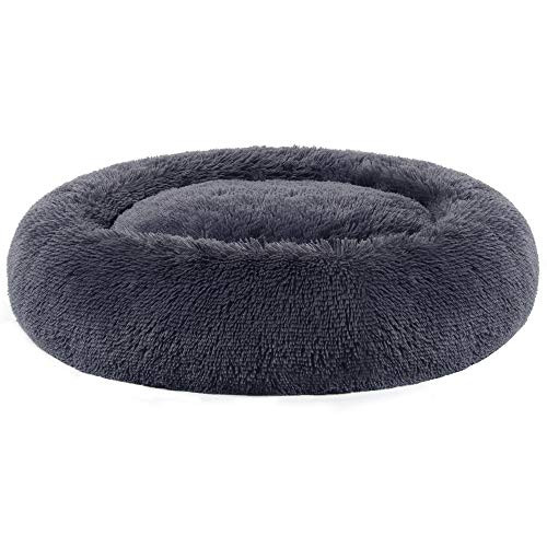 Feandrea Hondenbed en Kattenbed Donutkussen met Lange Pluche, Donkergrijs, Diameter: 90 cm, H: 20 cm