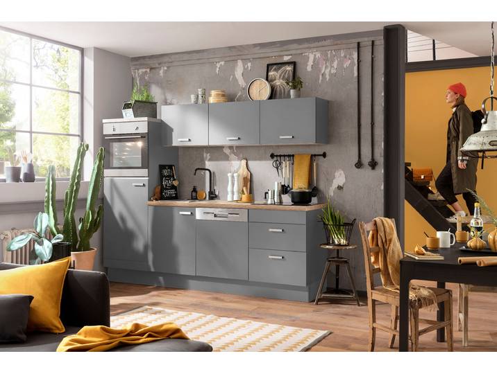 Küchenzeile OPTIFIT Parma , braun (küche: grau, korpus: basaltgrau, arbeitsplatte: eichefarben), B:240cm T:60cm, Komplettküchen-Sets, Küchenzeile, ohne E-Geräte, Breite 240 cm