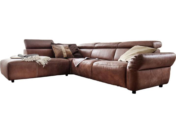 KAWOLA Sofa RISO Ecksofa mit motorischer Sitztiefenverstellung Leder braun Recamiere links