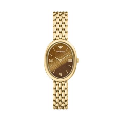 Quarzuhr EMPORIO ARMANI, gold (gelbgoldfarben, braun, braun), Armbanduhren, Damen, gelbgoldfarben, Quarzuhr, Armbanduhr, Edelstahlarmband, analog, Tigerauge