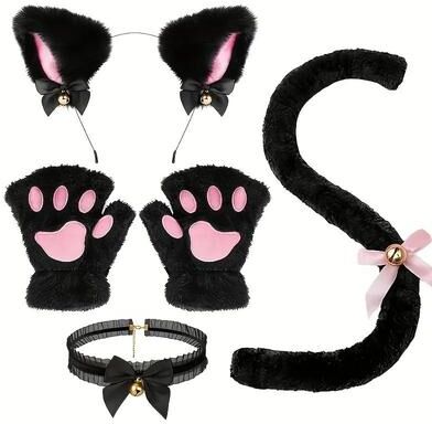 Uplifted Goods Adorable Cat Paw Gloves And Ear Headwear Set For Cute Winter Style black 5pcs Set