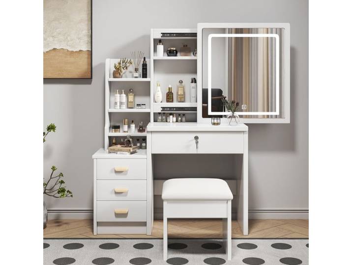 Coiffeuse - DREAMMESPACE - 85x130x36cm - Miroir LED - 4 tiroirs - Éclairage réglable 3 couleurs