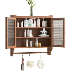 STILVORA Hängeschrank Glas Holz Braun 63x60x18 cm mit Doppeltür, 3 Ebenen Stauraum, verstellbaren Einlegeböden, Vintage Design für Bad Küche