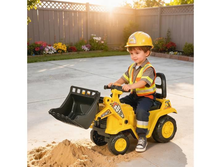 HOMCOM Porteur Enfant tractopelle - Coffre, klaxon, Volant, Levier de Vitesse, Pelle articulée - PP ABS Noir Jaune