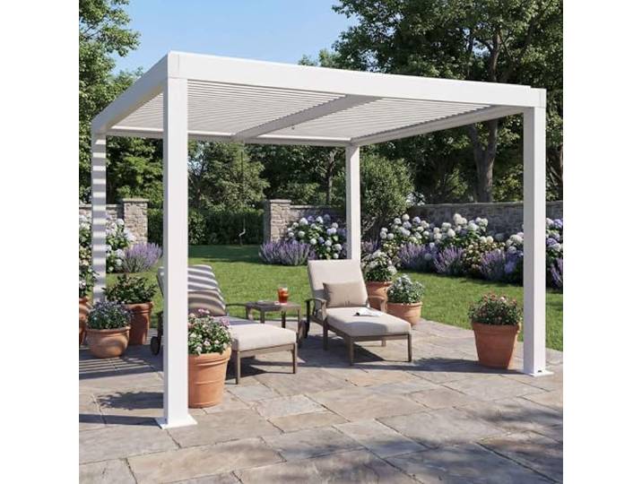 Mendler Pergola HWC-L46 11cm-Aluminium-Gestell 3x3m - weiß Gartenpavillon, Lamellen-Pavillon, Regenrinne, sturmfest