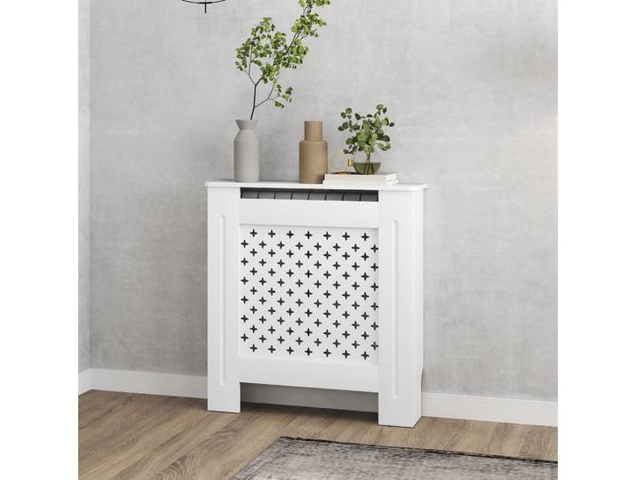 HOMCOM Cache Radiateur Bois Blanc Grille Croisée 78x19x82 cm