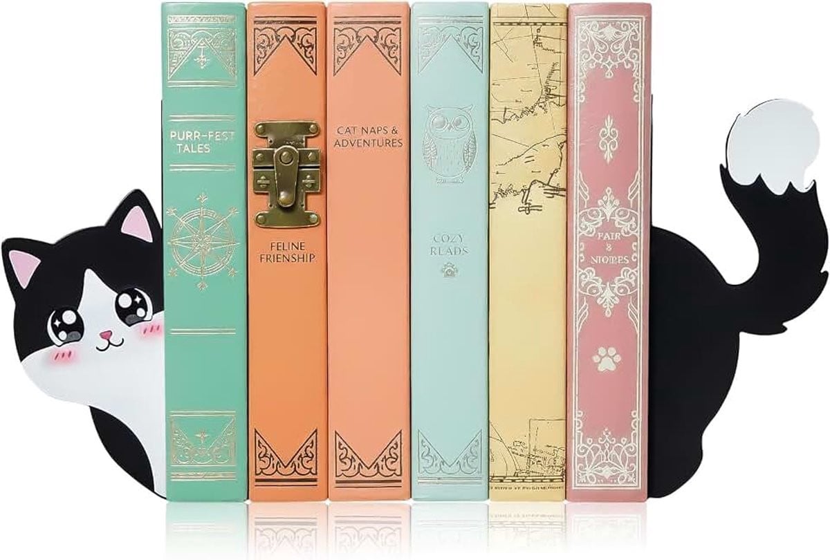 Decoratieve metalen boekensteun met kattenmotief voor kantoor en bibliotheek