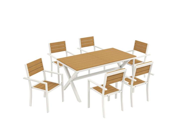 Outsunny Outdoor-Essgruppe 7er Set Aluminium Kunstholz Teak, Weiß, Metall, 7-teilig, rechteckig, X-Form, Gartenmöbel, Gartengarnituren, Gartenmöbel-Sets