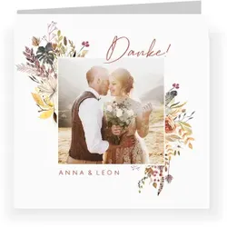Dankeskarte Hochzeit: Trockenblumen mit Fotos in Weiß