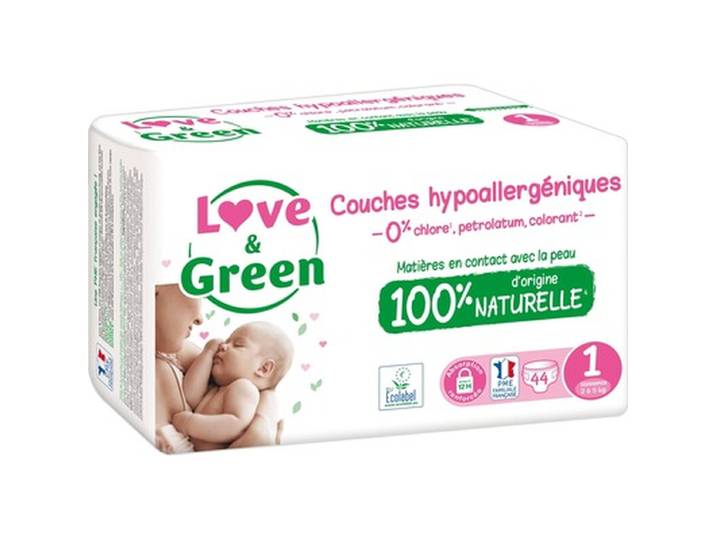 LOVE &amp; GREEN Couches Bébé Taille 1 2-5kg Hypoallergéniques Naturelles 44 couches