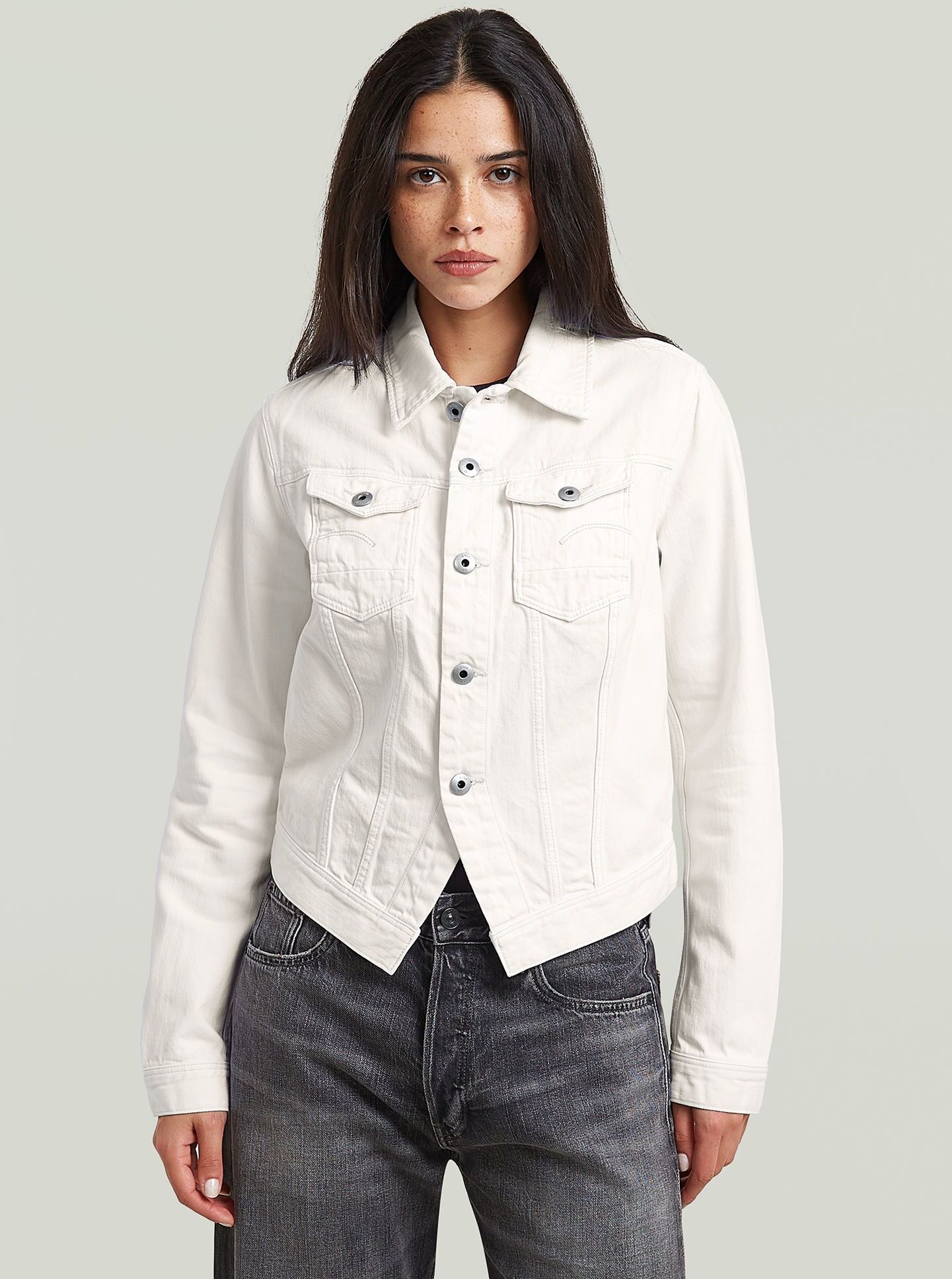 Jeansjacke G-STAR "Pitched Hem Slim Jacke", Damen, Gr. L, weiß (ecru), Obermaterial: 100% Baumwolle, Jacken Jeansjacke