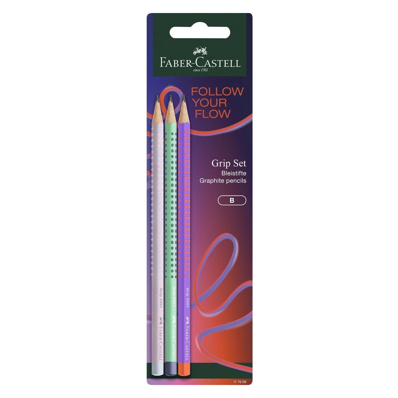 Faber-Castell Bleistift Grip Flow Edition, B, sortiert.3 Bleistifte auf Blisterkarte (2 mm, B, 3x) (117006)