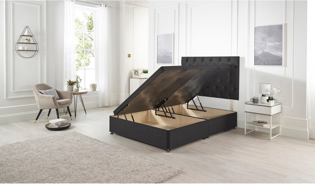 Rosdorf Park Etheral Side Opening Ottoman Storage Bed with Upholstered Headboard Plush Velvet Black Plush Velvet Single (3')