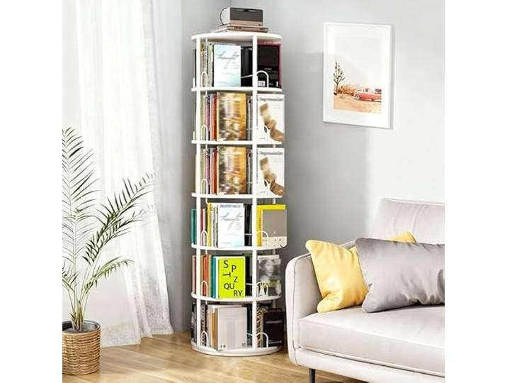 Weiß Drehbares Bücherregal 5 Ebenen, Großes Massivholz Drehregal Bringen Leitplanke aus Metallrohr, 360° Multifunktionales rund Standregal Lagerregal für Schlafzimmer Kinderzimmer (Weiß, 6 Ebenen)