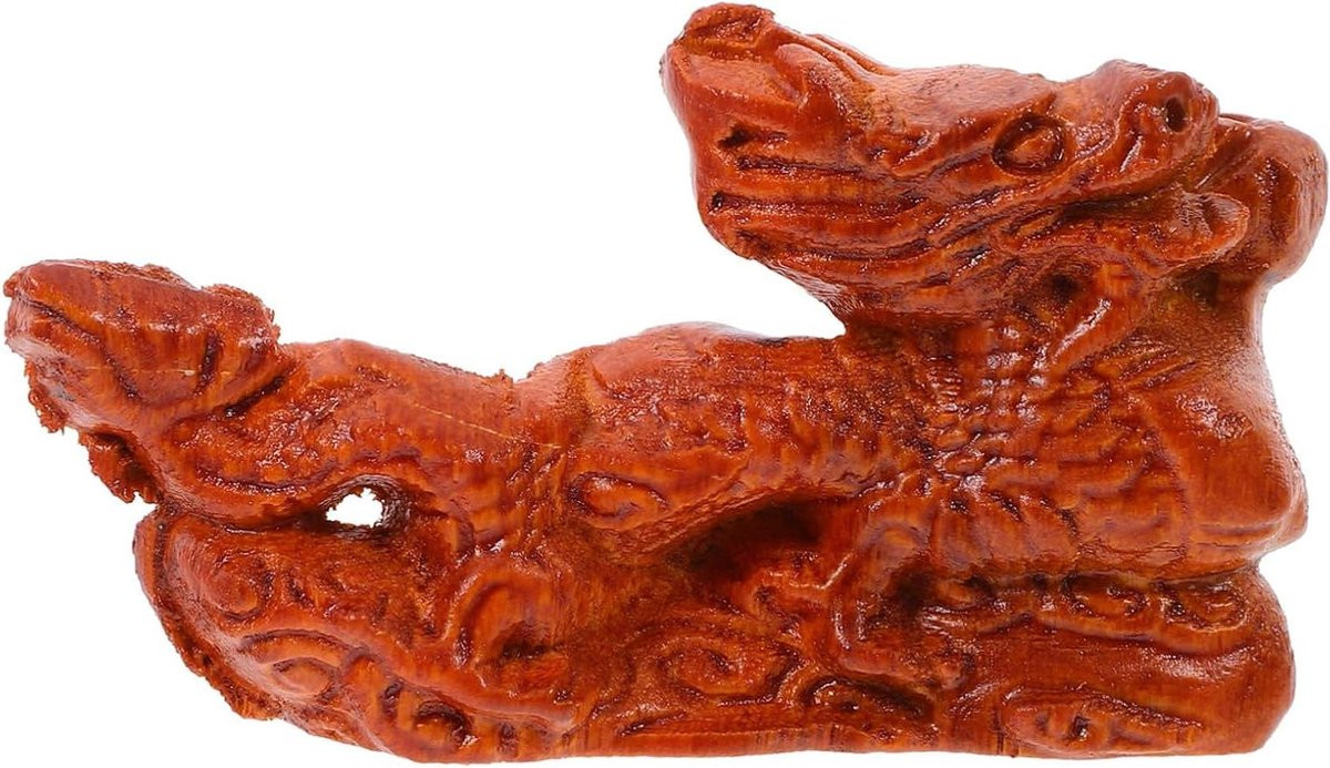 Houten Chinese Draak Beeldje - Handgesneden Feng Shui Decoratie - Houtkleur - Hoogte: 10 cm