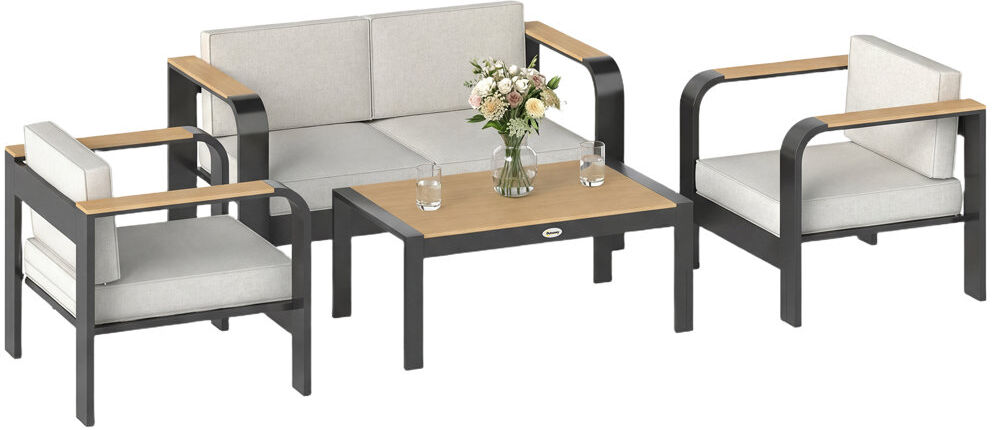 Outsunny 4 Seater Aluminium Garden Furniture Set Olefin Cushions Beige Black, Beige 4