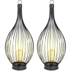 Solarlampe schwarz Außenleuchte modern Terrassenlampe Balkonlampe Gartendeko, Käfig-Design Metallstäbe Akku wetterfest, 1x LED warmweiß, DxH 25x57 cm, 2er Set