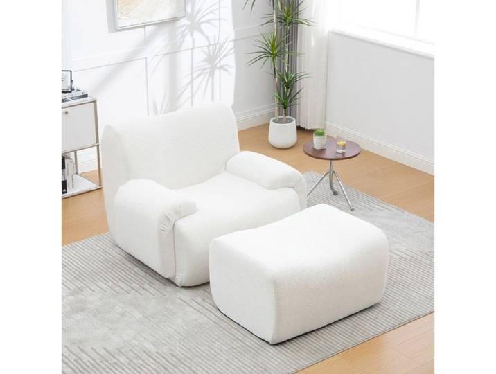 Fauteuil chenille ivoire avec pouf rembourrage mousse 30D livré monté 1 place