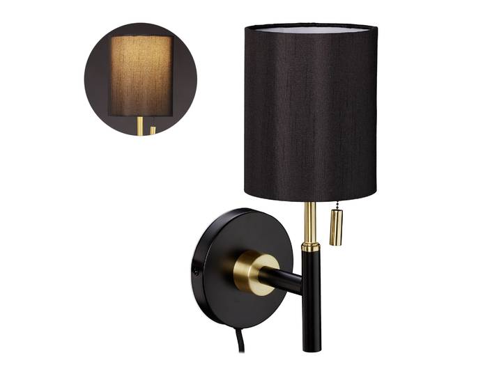 Lampe Murale\, Abat Jour Rond\, Interrupteur À Tirette\, Câble Avec Fiche\, Éclairage Sur Mur 32 X13 X18 Cm\, Noir - Relaxdays