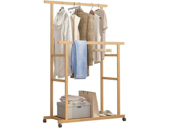 Portant à vêtements en bois - CACTOSE - Double penderie - 160x80x40 cm - Roulettes pivotantes - Freins intégrés